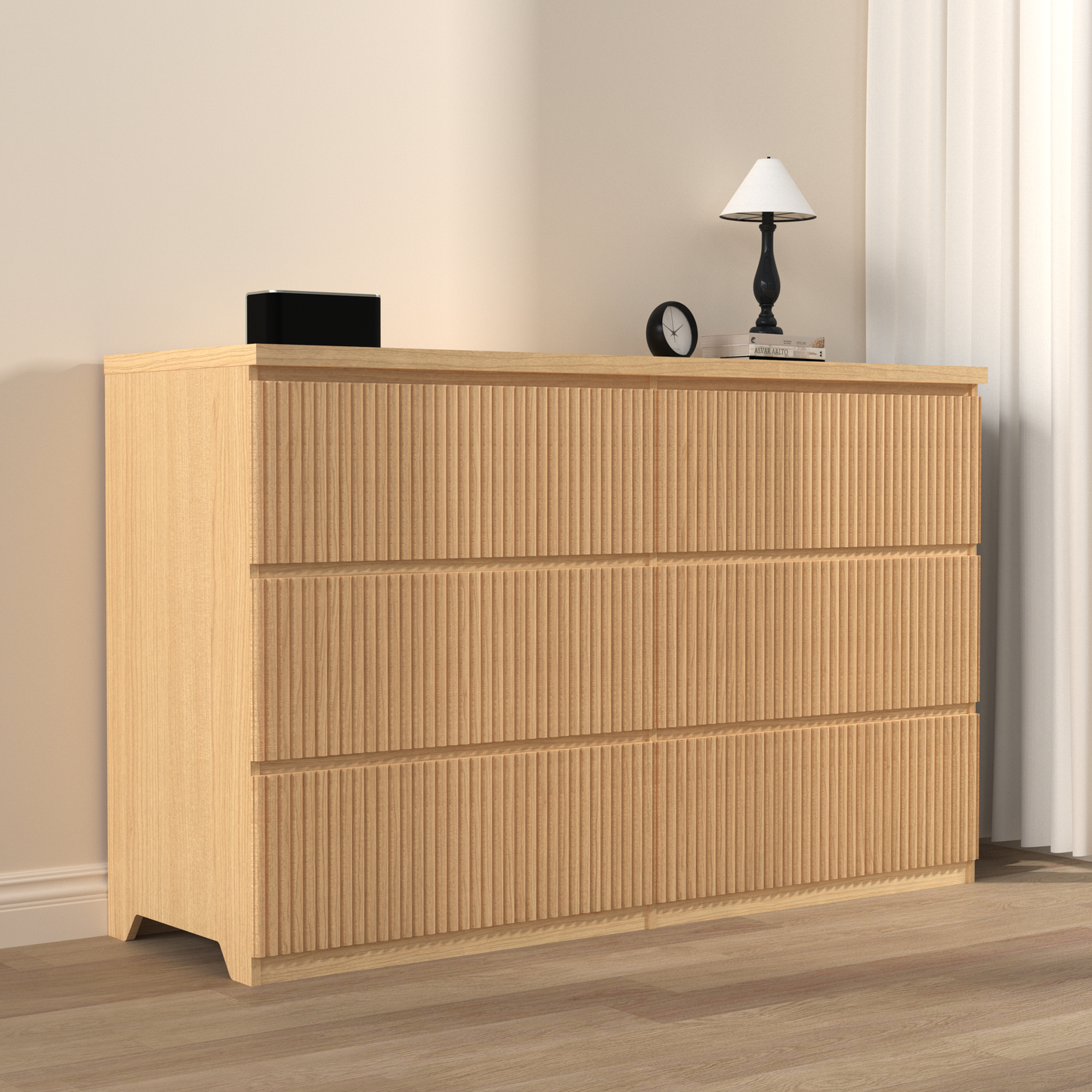 Modern Natural Wood 6 Drawer Dresser, Wave Panel Drawer Fronts, Storage Cabinet, Versatile Chest of Drawers for Bedroom, Living Room - Sleek & Spacious Home Storage Solution