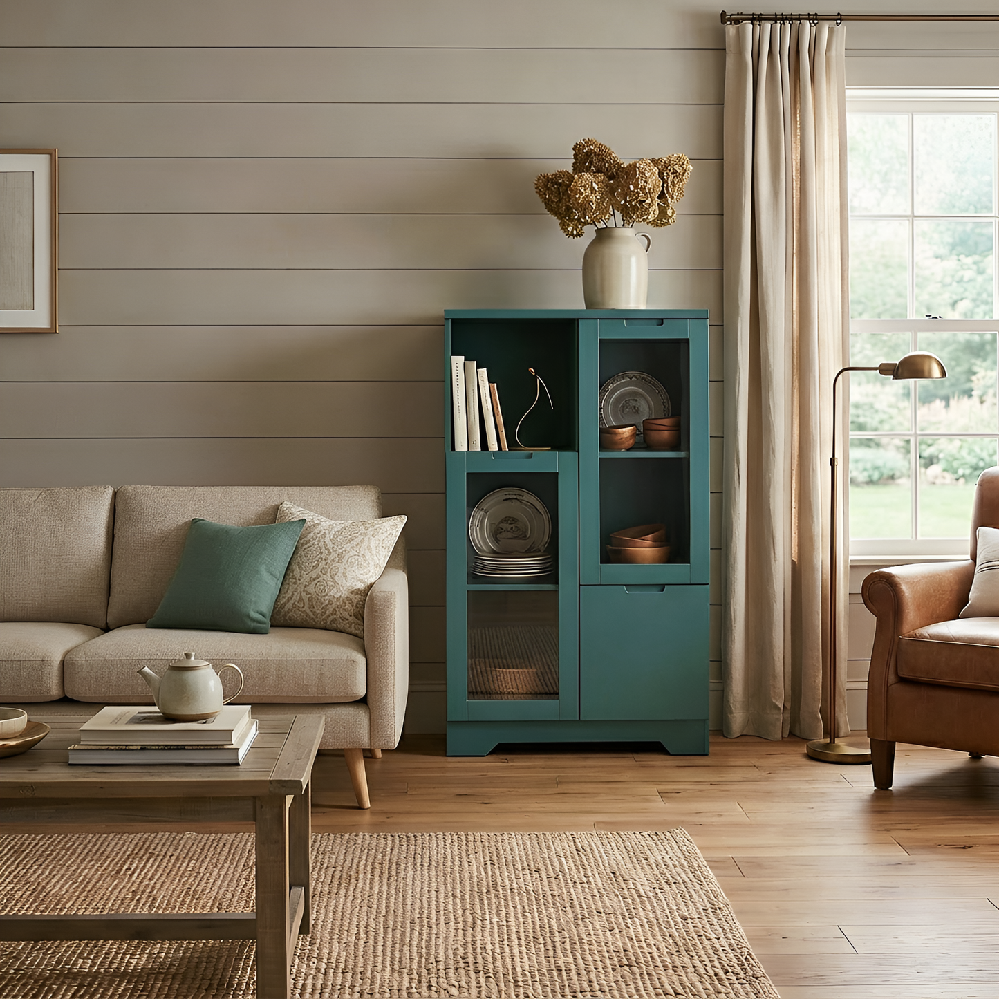 MDF painted Cabinet with Glass Doors and drawer, open storage space, Green ,Bedroom, Living room