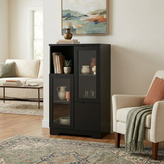 MDF painted Cabinet with Glass Doors and drawer, open storage space, Black ,Bedroom, Living room