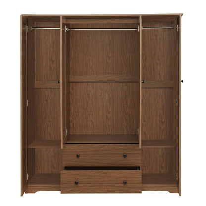 Brown Wood Grain Wardrobe Armoire with 4 Doors, 2 Drawers, MDF & Wood Construction, 60.6L x 20.8W x 68.5H inches