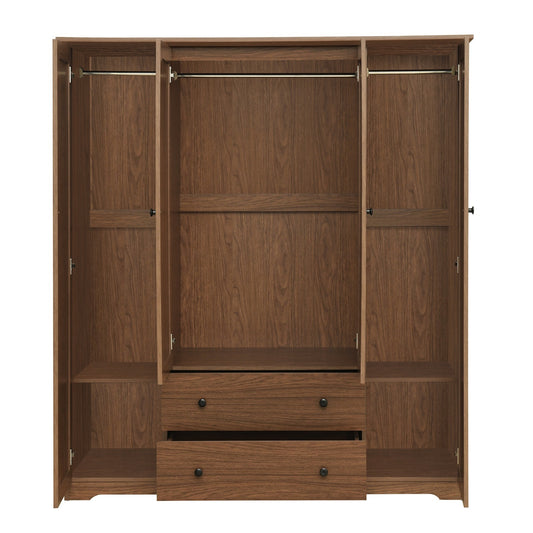 Brown Wood Grain Wardrobe Armoire with 4 Doors, 2 Drawers, MDF & Wood Construction, 60.6L x 20.8W x 68.5H inches