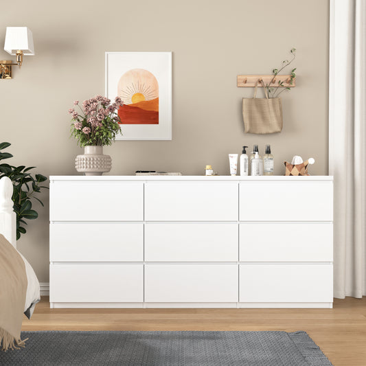 9 Drawer Dresser with No Handle Design, Modern White Matte Wood Dresser for Bedroom, Storage Chest of Drawers for Living Room, Hallway, Entryway