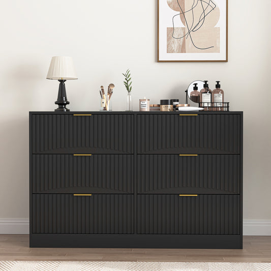 Modern 6-Drawer Dresser, Chest of Drawers for Bedroom, Living Room, Hallway, and Entryway - Large Storage Cabinet, Black,Drawer panel with wavy patterns