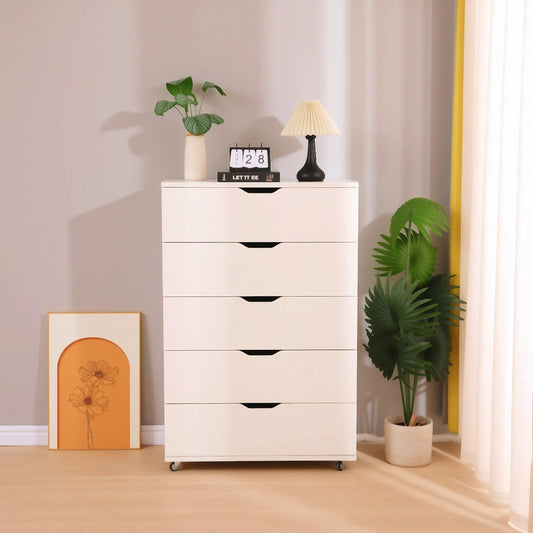 White 5-Drawer Dresser with Wheels – Modern Storage Cabinet
