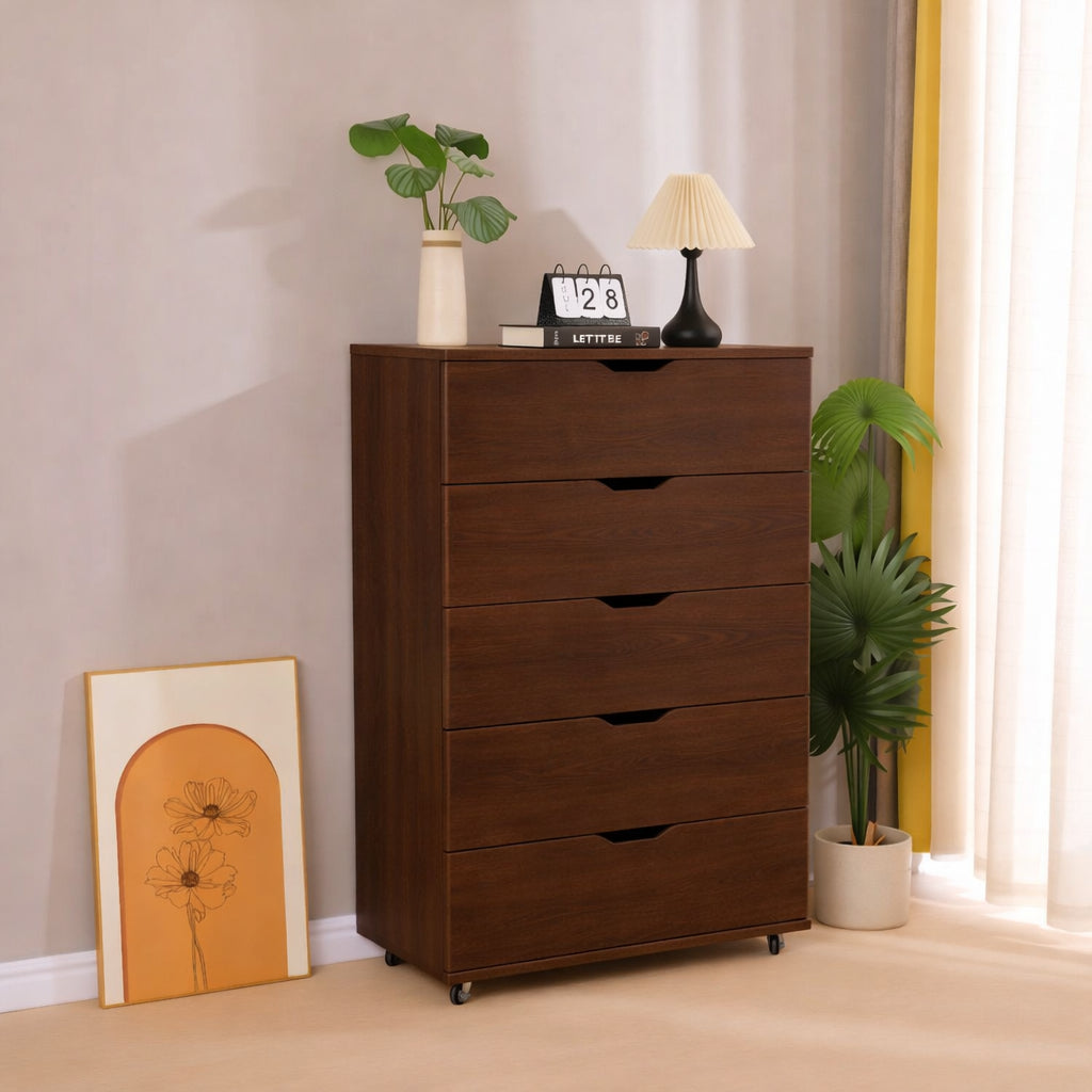 5 Drawer Dresser on Wheels Dark Brown Rolling Chest of Drawers Mobile Storage Cabinet for Bedroom Closet, Wide Drawer Organizer, 30.71' W x 15.75' D x 44.49' H