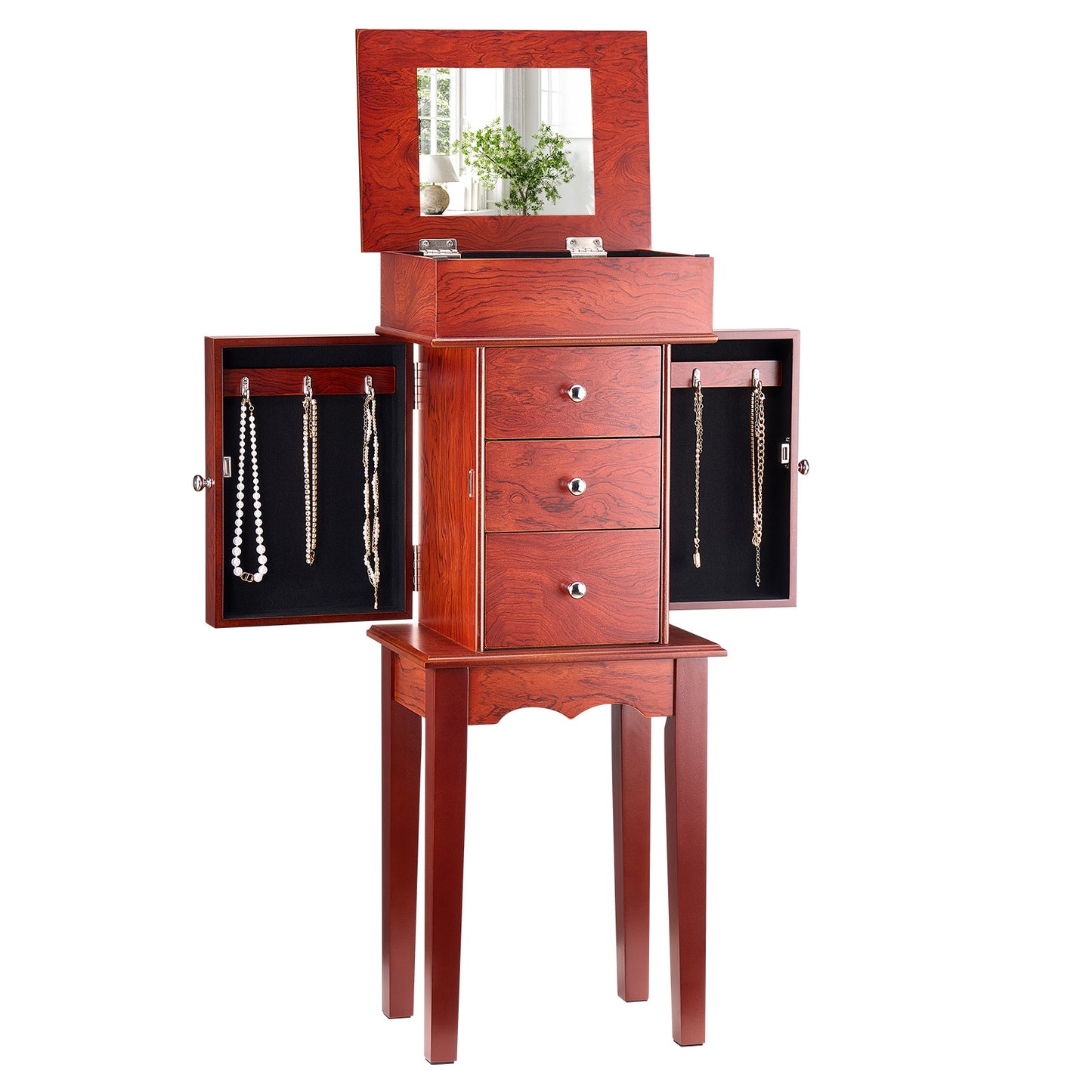 Jewelry Cabinet Armoire Standing Jewelry Storage Chest with 3 Drawers & Mirror