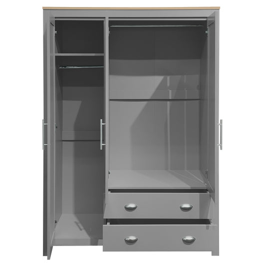 Three Door Storage Wardrobe with Cabinets and Two Hanging Rods, Gray, Pine Wood and MDF