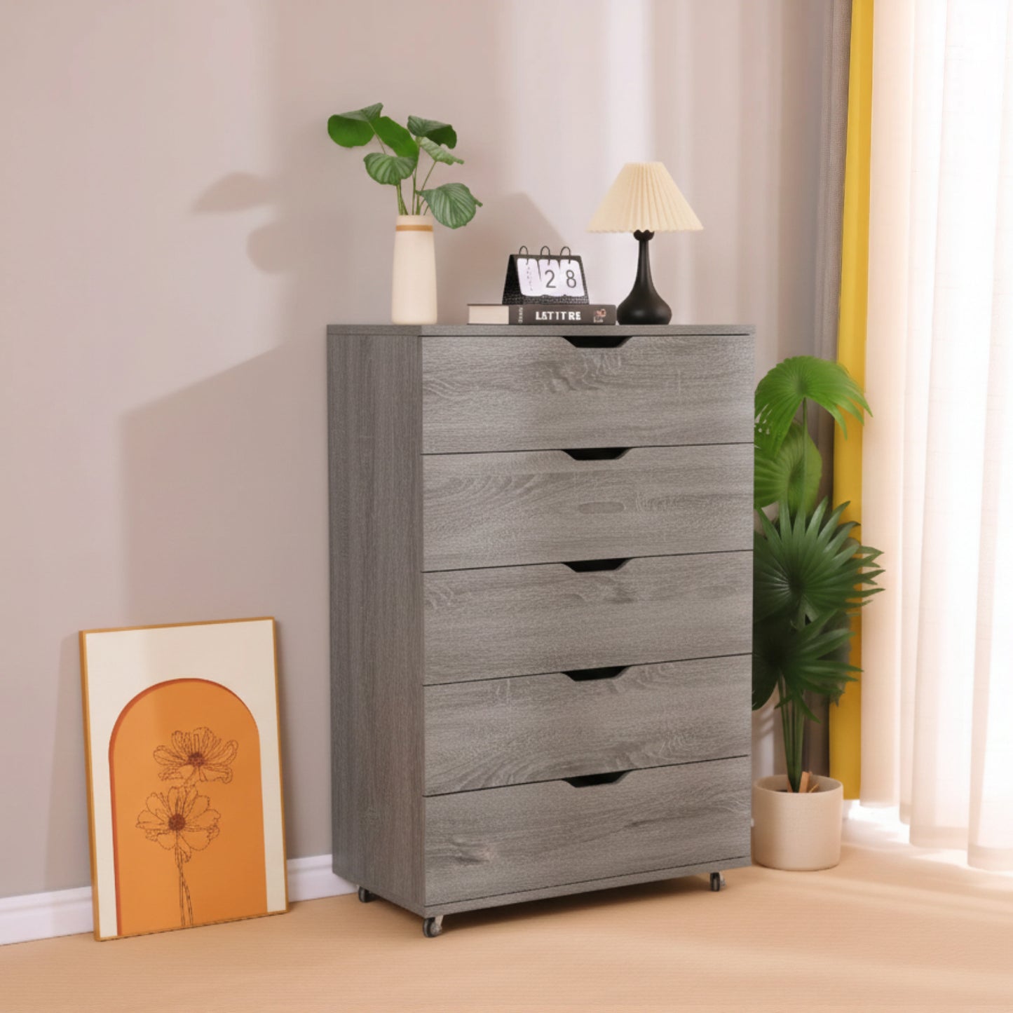 Gray  5-Drawer Dresser with Wheels – Modern Storage Cabinet