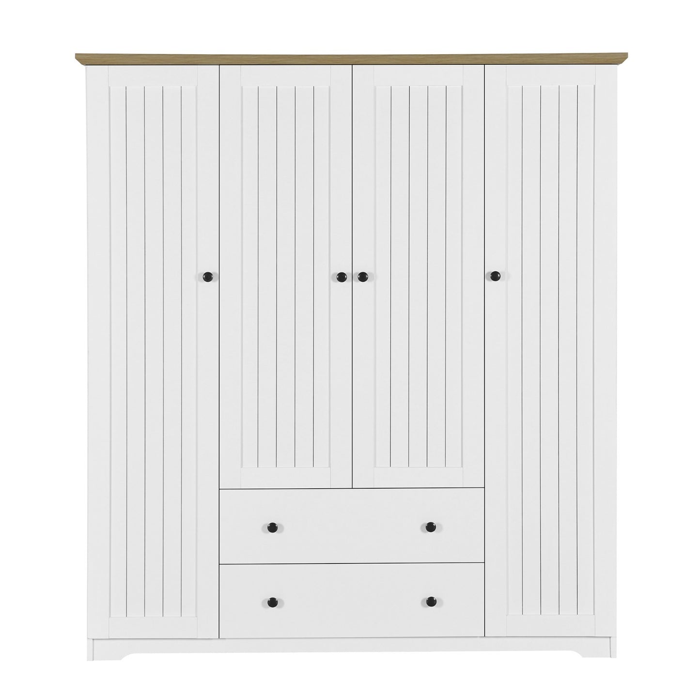 White 4 Door Wardrobe Armoire with 2 Drawers, Pine Wood + MDF, 60.6''L x 20.8''W x 68.5''H