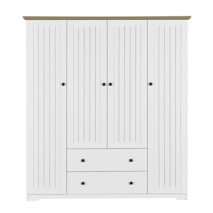 White 4 Door Wardrobe Armoire with 2 Drawers, Pine Wood + MDF, 60.6''L x 20.8''W x 68.5''H