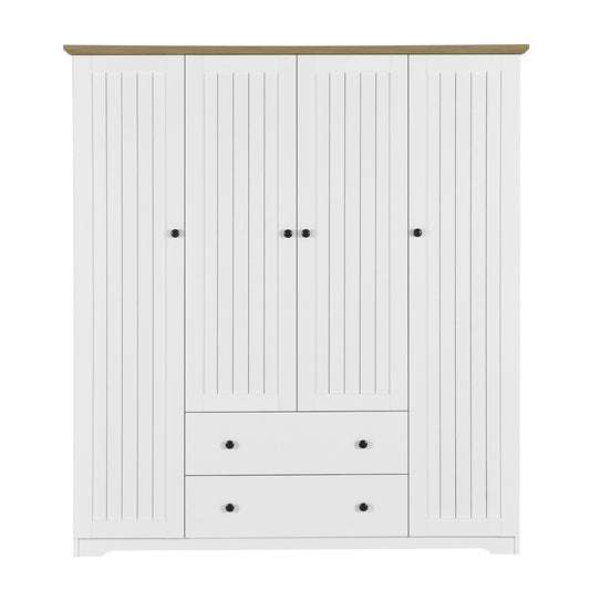 White 4 Door Wardrobe Armoire with 2 Drawers, Pine Wood + MDF, 60.6''L x 20.8''W x 68.5''H
