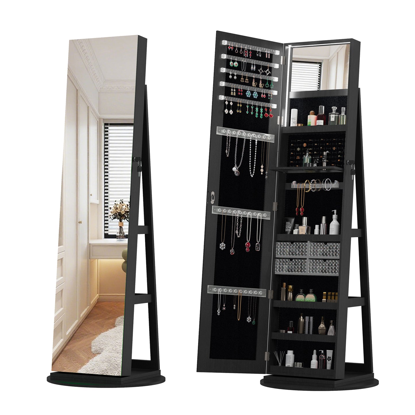 360°Swivel Jewelry Cabinet with Full Length Mirror, 360°Rotating Standing Jewelry Armoire Organizer, Lockable Storage Cabinet, Interior Lighted Mirror, Black