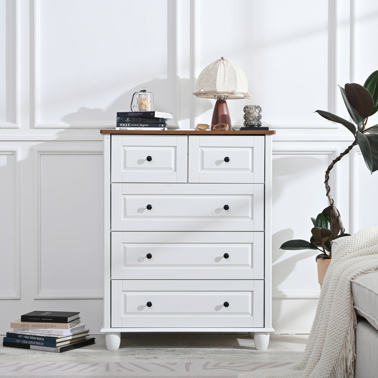 White Dresser with 5 Drawers, Tall Chest of Drawers, 5 Drawer Dresser with Deep Space, Wood Storage Cabinet for Living Room, Hallway, Office, White