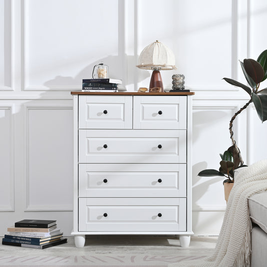 White Dresser with 5 Drawers, Tall Chest of Drawers, 5 Drawer Dresser with Deep Space, Wood Storage Cabinet for Living Room, Hallway, Office, White