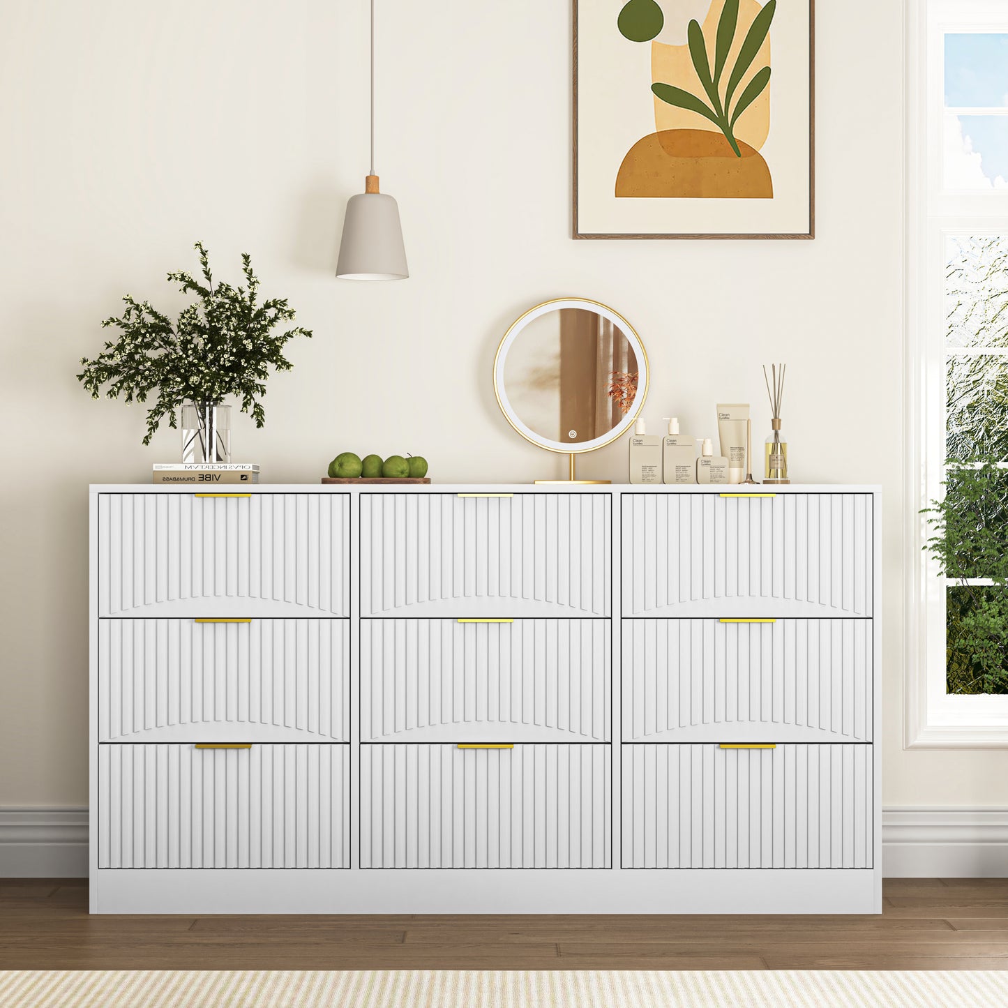 White 9 Drawer Dresser, 63' Large Deep Chest of Drawers, Wooden Dresser Storage Cabinet with 9 Drawers for Bedroom, Long Dressers for Living Room, Hallway, Drawer panel with wavy patterns