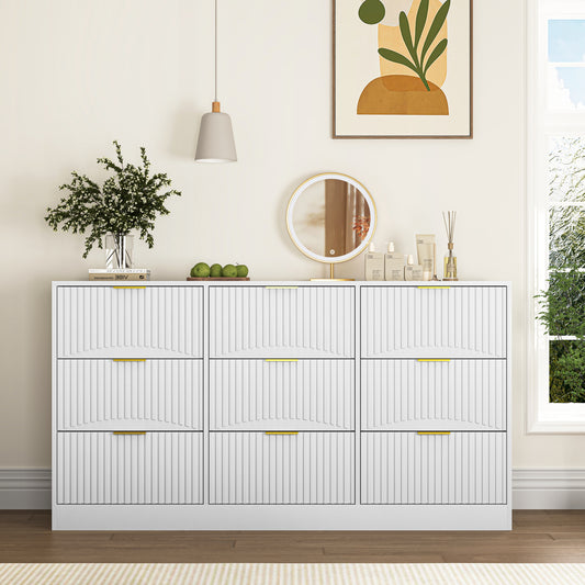 White 9 Drawer Dresser, 63' Large Deep Chest of Drawers, Wooden Dresser Storage Cabinet with 9 Drawers for Bedroom, Long Dressers for Living Room, Hallway, Drawer panel with wavy patterns