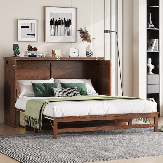 Murphy Bed Cabinet Queen with Storage Drawer and Charging Station, USB Port, Solid Pine Murphy Bedframe for Home Office, Studio or Guest Room,Walnut