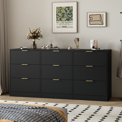 Black 9 Drawer Dresser, 63' Large Deep Chest of Drawers, Wooden Dresser Storage Cabinet with 9 Drawers for Bedroom, Long Dressers for Living Room, Hallway