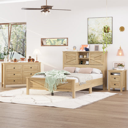 3-Pieces Bedroom Sets Full Size Farmhouse Platform Bed with Double Sliding Door Storage Headboard and Charging Station, Storage Nightstand and Dresser, Natural