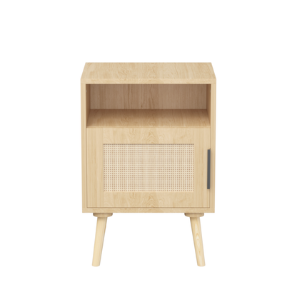 Oak Finish Rattan Nightstand with Solid Wood Legs, 22.83'' H Side Table with Door and Open Shelf for Bedroom, Dorm, and Small Spaces