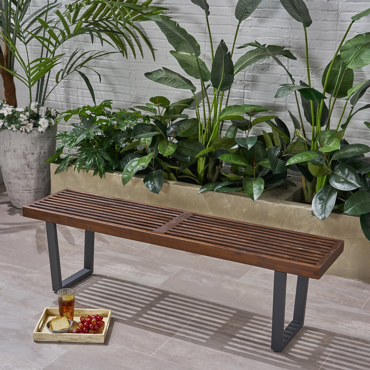 JOA Patio Dining Bench, Acacia Wood with Iron Legs, Modern, Contemporary, Dark Brown and Black