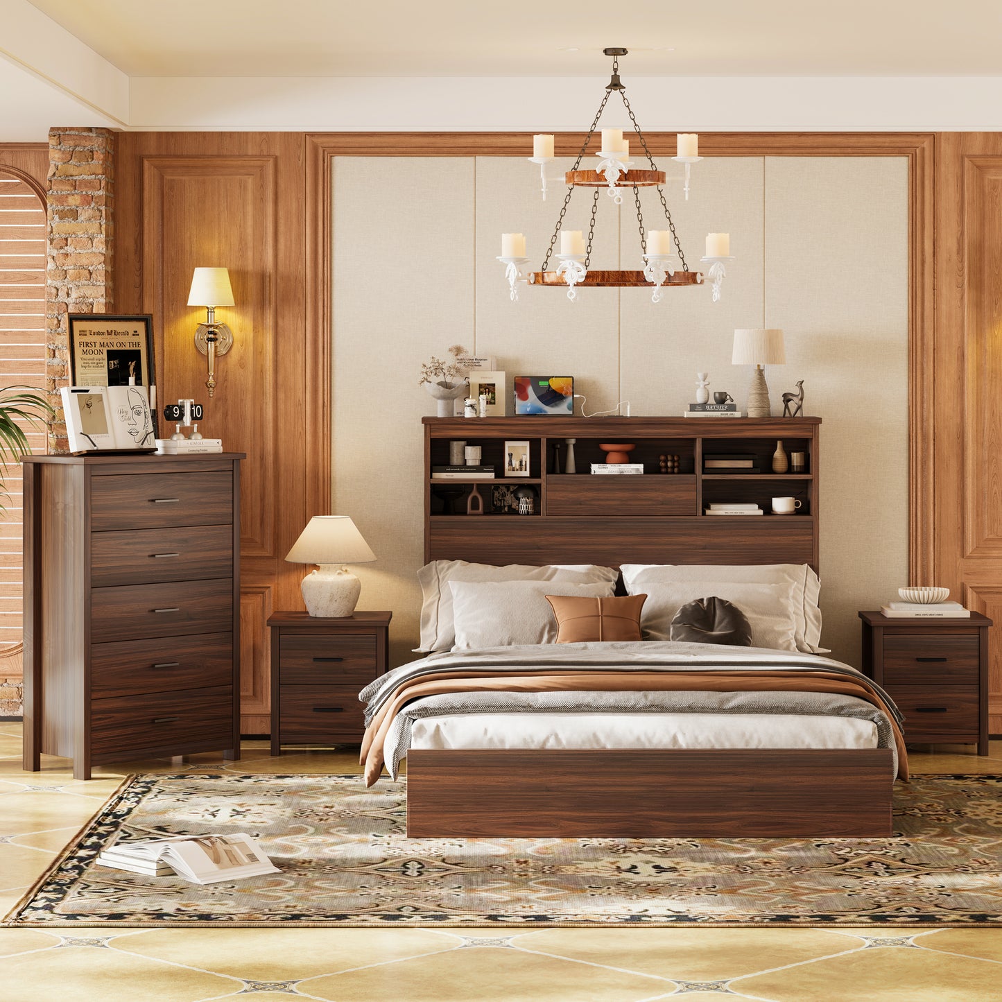 4PCS Bedroom Sets, Wooden Queen Size Bed Frame with Storage Headboard and Charging Station, 2 Nightstands with 2 Drawers, 1 Dresser with 5 Drawers, Walnu