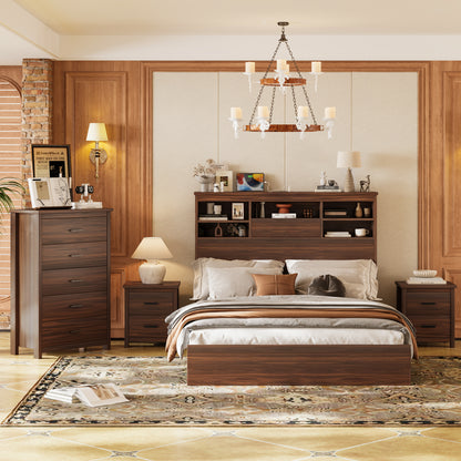 4PCS Bedroom Sets, Wooden Queen Size Bed Frame with Storage Headboard and Charging Station, 2 Nightstands with 2 Drawers, 1 Dresser with 5 Drawers, Walnu