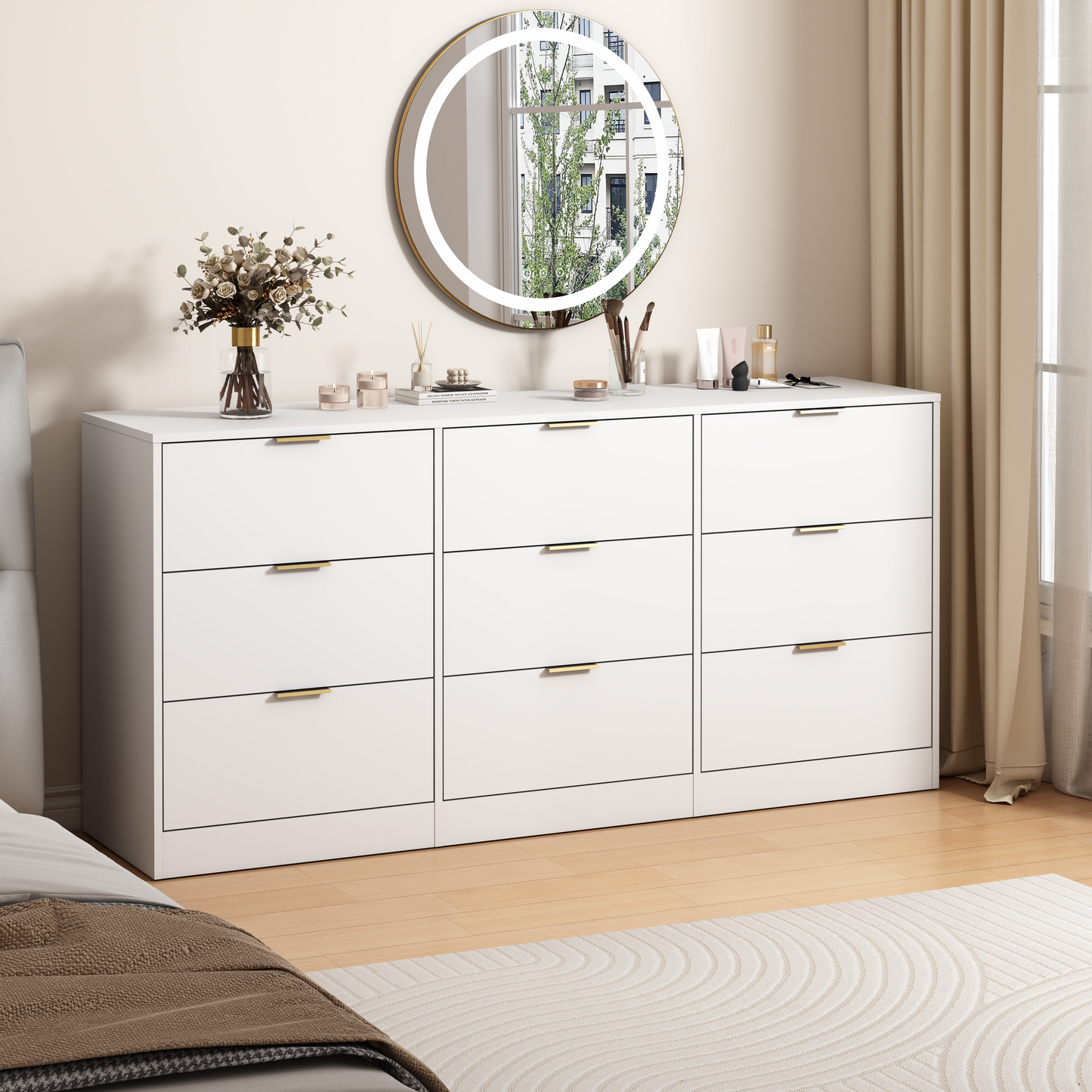 White 9 Drawer Dresser, 63' Large Deep Chest of Drawers, Wooden Dresser Storage Cabinet with 9 Drawers for Bedroom, Long Dressers for Living Room, Hallway