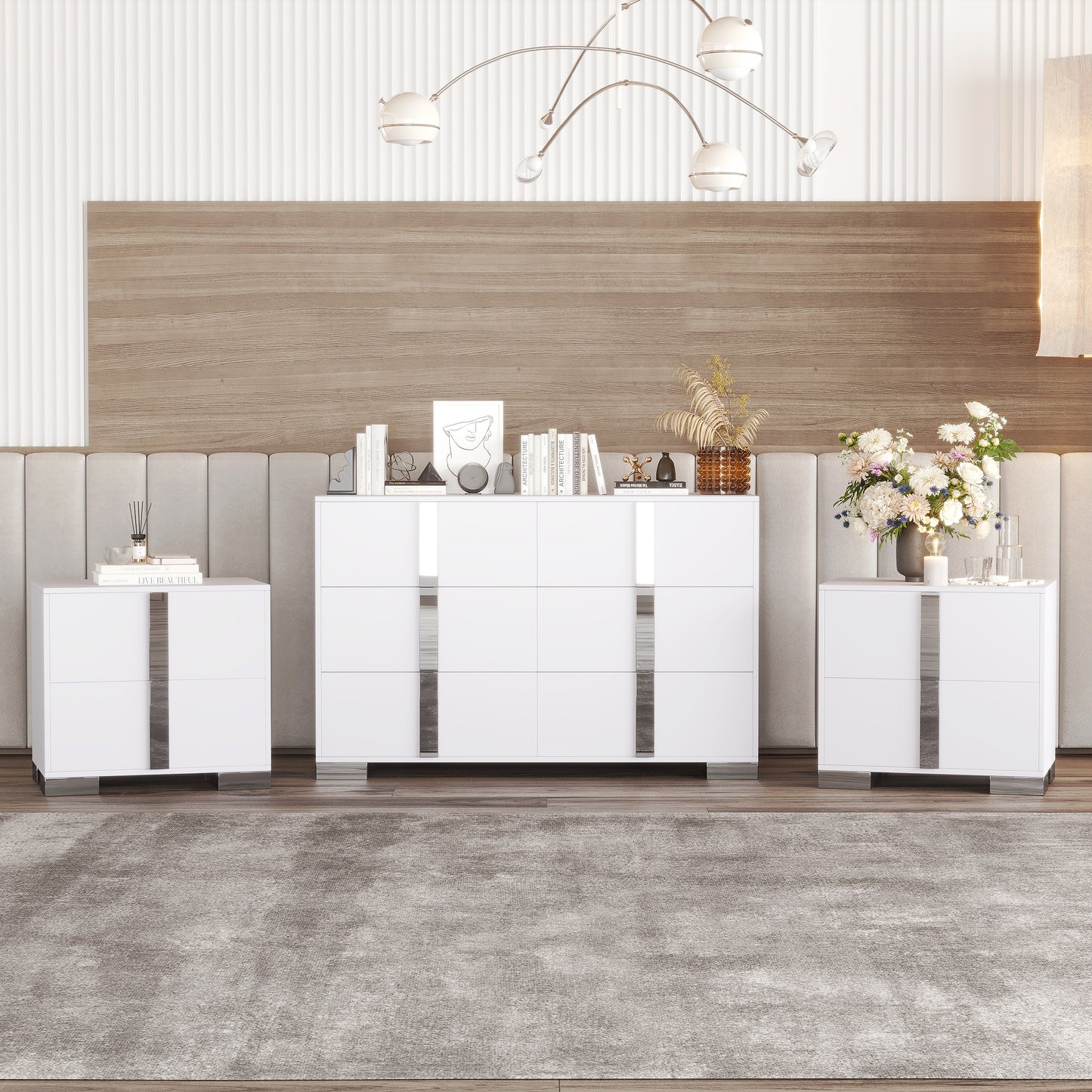 3-Pieces Sets, Elegant 6 Drawers Dresser and Two Nightstands, Storage Cabinet and Bedside Table with Metal Legs, for Bedroom and Living Room,White