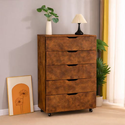 5 Drawer Dresser on Wheels Rustic Brown Rolling Chest of Drawers Mobile Storage Cabinet for Bedroom Closet, Wide Drawer Organizer, 30.71' W x 15.75' D x 44.49' H