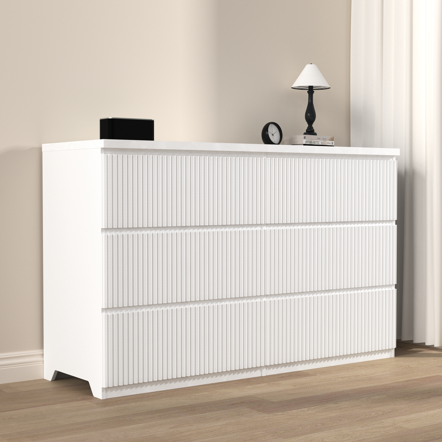 Modern White 6 Drawer Dresser, Wave Panel Drawer Fronts, Storage Cabinet, Versatile Chest of Drawers for Bedroom, Living Room - Sleek & Spacious Home Storage Solution